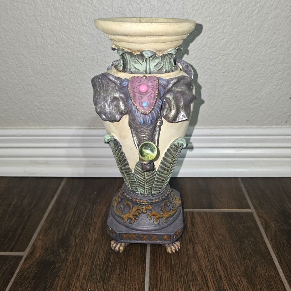 Vintage 1990s Double Elephant Head Animal Print Pottery Vase 10 1/4" Tall